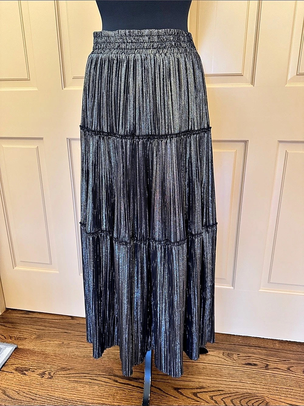 A.L.C. Harley Metallic Pleated Tiered Midi Skirt